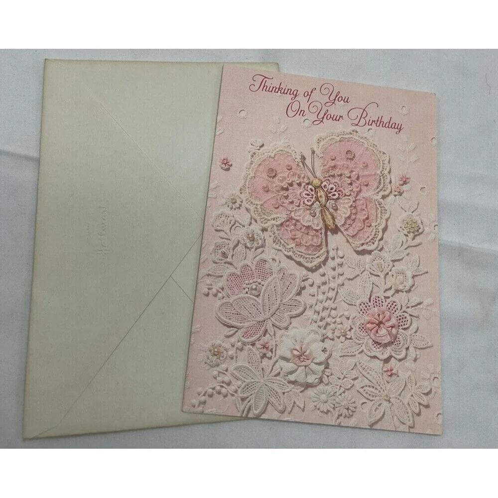 VINTAGE HALLMARK PINK BUTTERFLY LACE GREETING CARD UNUSED BIRTHDAY RARE